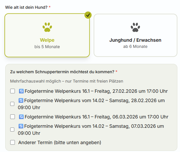 Dynamisches Anmeldeformular der Hundeschule hundevoll