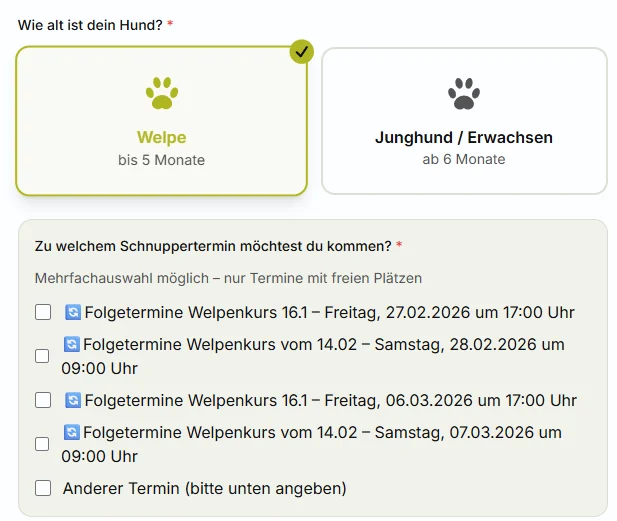 Dynamisches Anmeldeformular der Hundeschule hundevoll