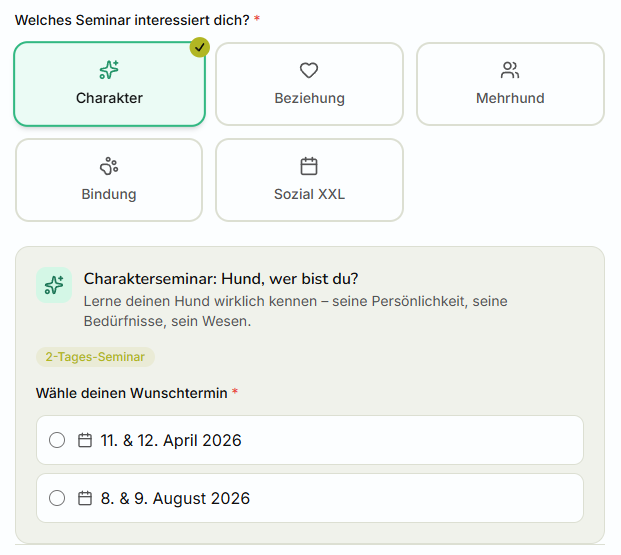 Seminarfilter mit Kategorie-Kacheln und Terminauswahl