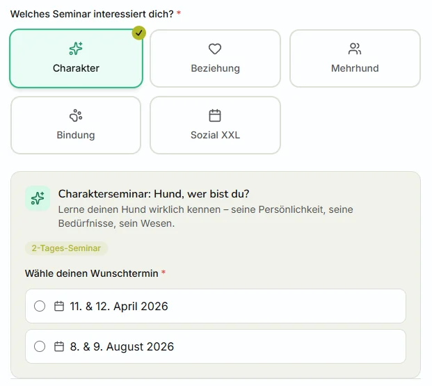 Seminarfilter mit Kategorie-Kacheln und Terminauswahl