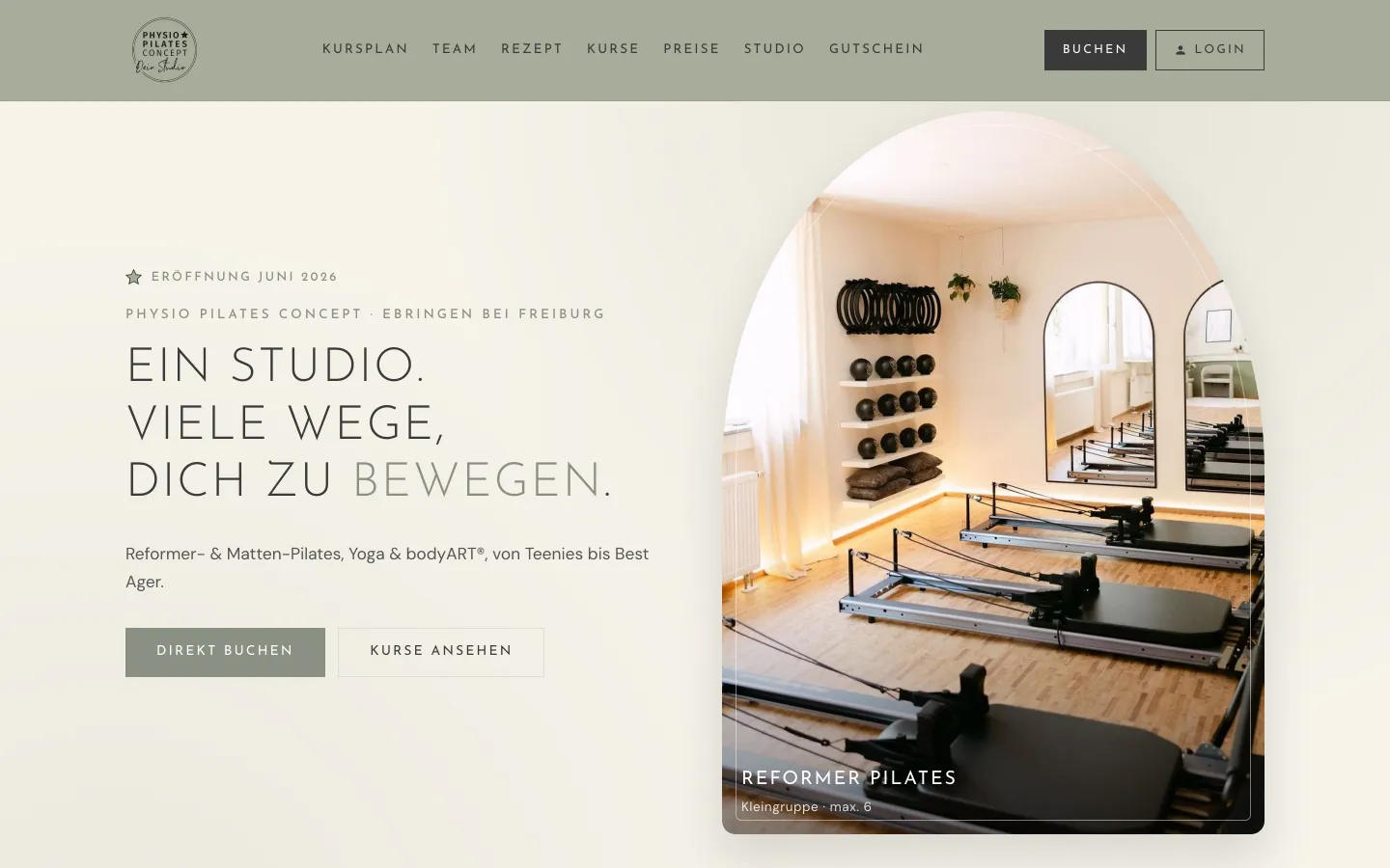 Startseite des Pilates-Studios (Desktop-Ansicht)