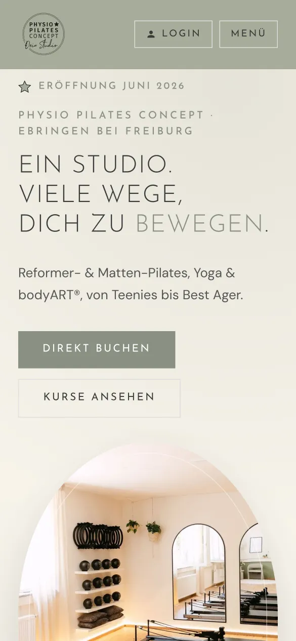 Startseite des Pilates-Studios (Handy-Ansicht)